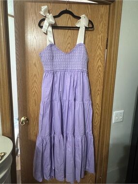 Lovelo Size 1X Lavender Tiered Maxi Dress with Satin Ribbon Ties